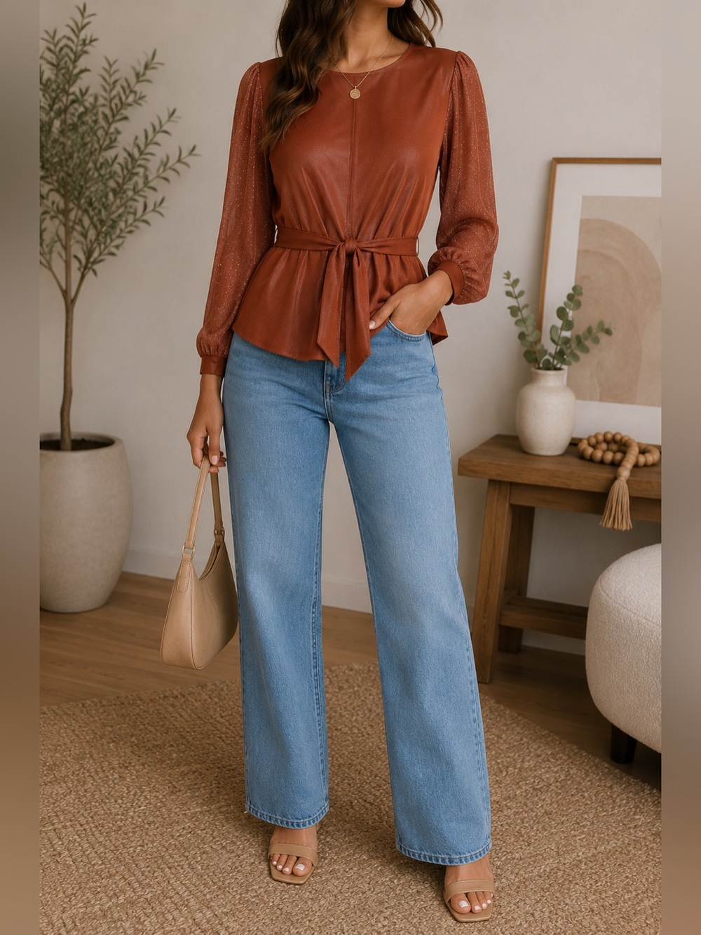 Luna Sheer Tie Front Blouse Rust Long Sleeve Peplum New Size M